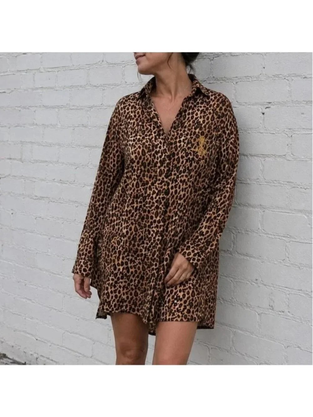 Lauren Ralph Lauren Leopard Print Night Sleep Shirt Size M Pajama 100% Cotton